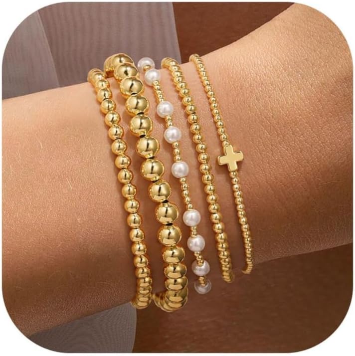 Yoosteel Valentines Day Gifts for Women Teen Girl Gifts Non Tarnish - 14K Gold Plated Dainty Round Beaded Ball Pearl Cross Bracelet Stack Set for Women Trendy Teenage Girls Stackable Jewelry Gift - Image 1